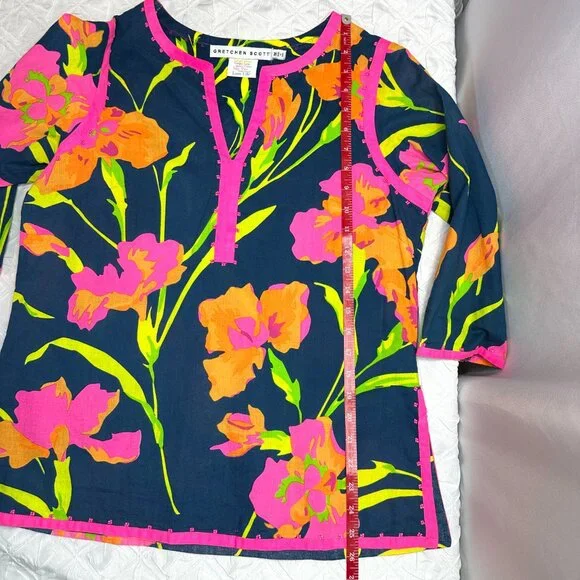 Gretchen Scott Bold Colorful Resort Beach Boho Floral Top, Medium Half Sleeves - Picture 3 of 6